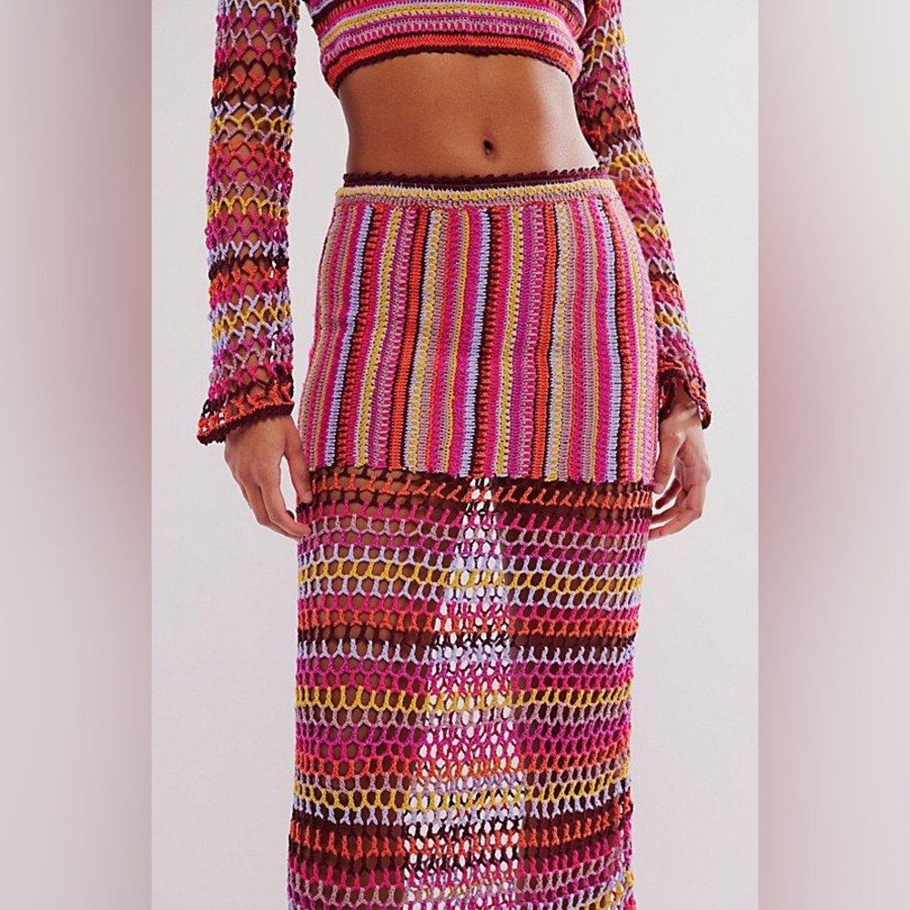 Free People Bali Sunrise Boho Crochet Knit Maxi Skirt and Long Sleeve Top Set - Picture 5 of 12